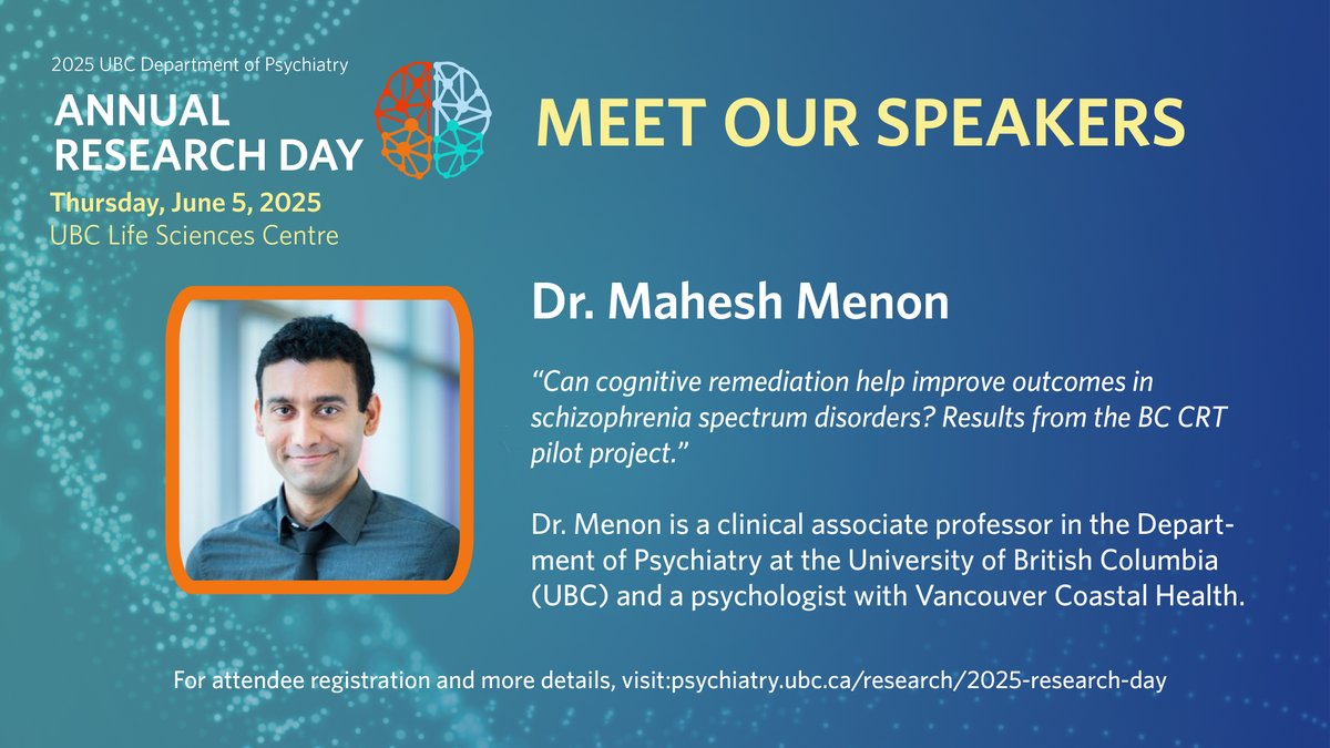 UBC Department of Psychiatry (@ubc_psychiatry) on Twitter photo Meet Dr. Mahesh Menon. His latest research investigates novel treatments for schizophrenia spectrum disorders
Join Dr. Menon & fellow Dept. members at our 2025 <a href="/UBC_Psychiatry/">UBC Department of Psychiatry</a> Research Day, Thur. June 5 at UBC LSC!
REGISTRATION OPEN: bit.ly/418jreC
**UBC CPD-accredited Meet Dr. Mahesh Menon. His latest research investigates novel treatments for schizophrenia spectrum disorders
Join Dr. Menon & fellow Dept. members at our 2025 <a href="/UBC_Psychiatry/">UBC Department of Psychiatry</a> Research Day, Thur. June 5 at UBC LSC!
REGISTRATION OPEN: bit.ly/418jreC
**UBC CPD-accredited