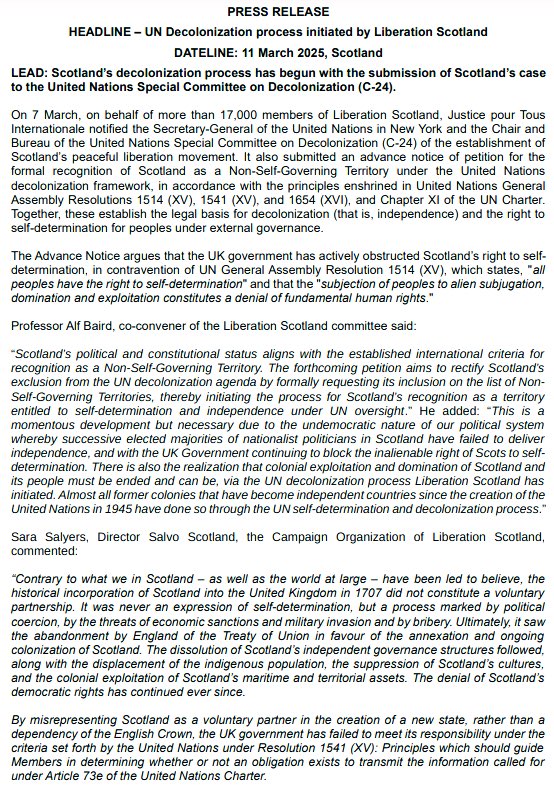 IndyAsapScot's tweet image. PRESS RELEASE - UN Decolonisation process initiated by Liberation Scotland:
The Advance Notice of Petition and supporting papers can be viewed on the Liberation movement website: liberation.scot 
#Liberation4Scotland
@theSNP @Albaparty @IndyScotParty @scottishgreens