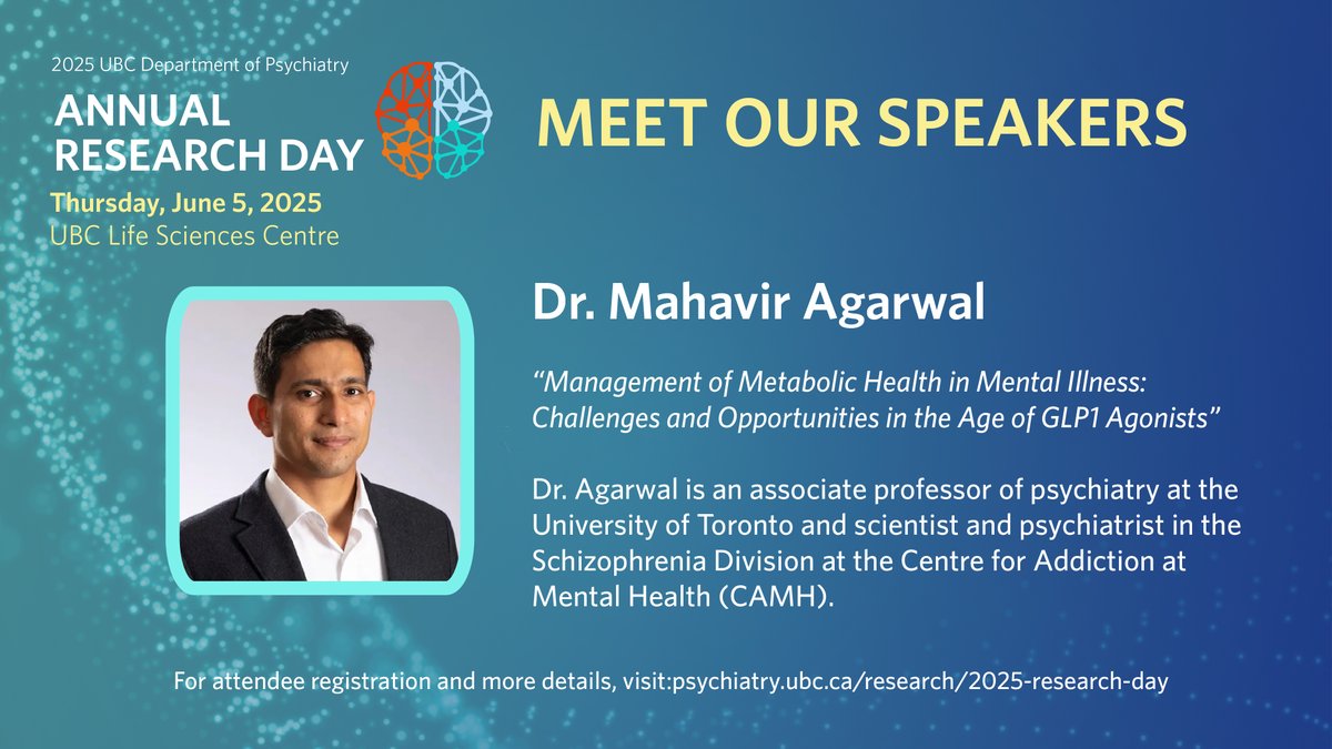 UBC Department of Psychiatry (@ubc_psychiatry) on Twitter photo Join us for our 2025 <a href="/UBC_Psychiatry/">UBC Department of Psychiatry</a> Research Day, Thur. June 5 at UBC LSC!
Our plenary speaker this year is <a href="/UofTPsych/">UofTPsychiatry</a>'s Dr. Mahavir Agarwal discussing metabolic health in mental illness.
ATTENDEE REGISTRATION IS OPEN: bit.ly/418jreC
**UBC CPD-accredited Join us for our 2025 <a href="/UBC_Psychiatry/">UBC Department of Psychiatry</a> Research Day, Thur. June 5 at UBC LSC!
Our plenary speaker this year is <a href="/UofTPsych/">UofTPsychiatry</a>'s Dr. Mahavir Agarwal discussing metabolic health in mental illness.
ATTENDEE REGISTRATION IS OPEN: bit.ly/418jreC
**UBC CPD-accredited
