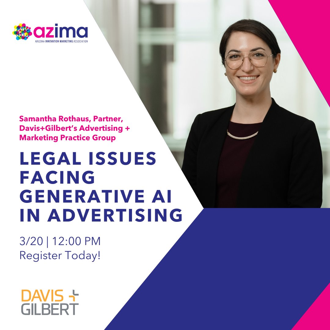 JoinAZIMA's tweet image. Generative AI is revolutionizing advertising, but it comes with complex legal risks. Are you prepared? Join our virtual event to learn about intellectual property laws, state regulations, and best practices for contracts involving AI.

📅 3/20 | 12pm | Virtual Event