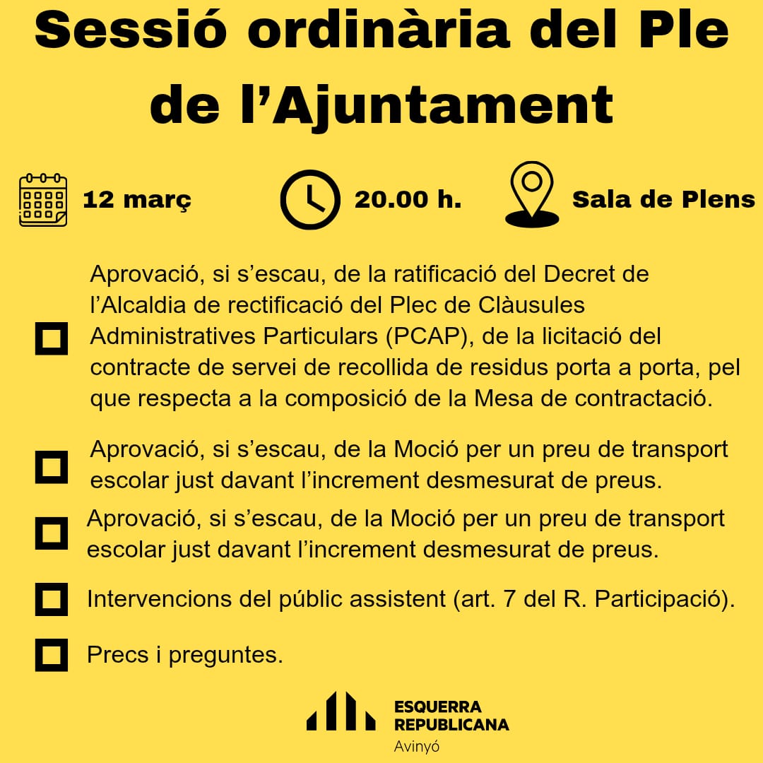Aquest dimecres tenim una nova sessió ordinària del Ple de l'Ajuntament.
.
📆 12 de març
🕗 20:00 h.
📍 Sala de Plens de l'Ajuntament.
📽️ Ens podeu seguir en directe pel canal de Youtube de l'Ajuntament d'Avinyó.
.
#avinyo #erc #ple #ordinari