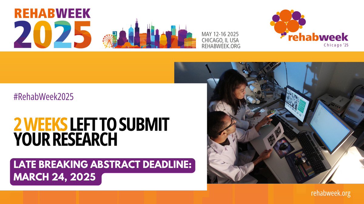 RehabWeek (@rehabweekorg) on Twitter photo ⏳ Time is running out! There are only 2 weeks left to submit your late-breaking abstract for #RehabWeek2025. Present your research to a global audience!
đź”— Submit now: bit.ly/4hUiii1
<a href="/ICORR_2025/">ICORR 2025</a> <a href="/IFESS_org/">Int’l Functional Electrical Stimulation Society</a> <a href="/ISVRSociety/">ISVRSociety</a> <a href="/ACRMtweets/">ACRM</a> <a href="/MiNT_hobbs/">The MiNT Academy: Masterclass in Neurotechnology</a> <a href="/RESNAorg/">RESNA</a> ⏳ Time is running out! There are only 2 weeks left to submit your late-breaking abstract for #RehabWeek2025. Present your research to a global audience!
đź”— Submit now: bit.ly/4hUiii1
<a href="/ICORR_2025/">ICORR 2025</a> <a href="/IFESS_org/">Int’l Functional Electrical Stimulation Society</a> <a href="/ISVRSociety/">ISVRSociety</a> <a href="/ACRMtweets/">ACRM</a> <a href="/MiNT_hobbs/">The MiNT Academy: Masterclass in Neurotechnology</a> <a href="/RESNAorg/">RESNA</a>