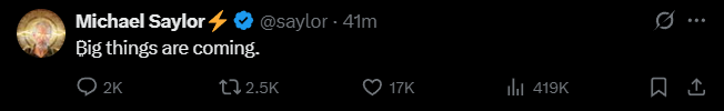 Crypto4allmedia's tweet photo. Michael Saylor, vient juste de Tweeter !!! 

BIG THINGS ARE COMINGS !!!!!!!!!!!!!! https://t.co/ETJHD7T4nY