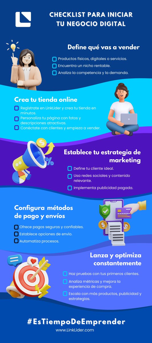 linklider's tweet image. 💡 ¿Quieres emprender online pero no sabes por dónde empezar?
🚀 Aquí tienes el checklist definitivo para lanzar tu negocio digital con éxito. ✅

📌 Guarda esta publicación y sigue estos 5 pasos esenciales:
✔️ Define tu producto o servicio
✔️ Crea tu tienda online en LinkLider…