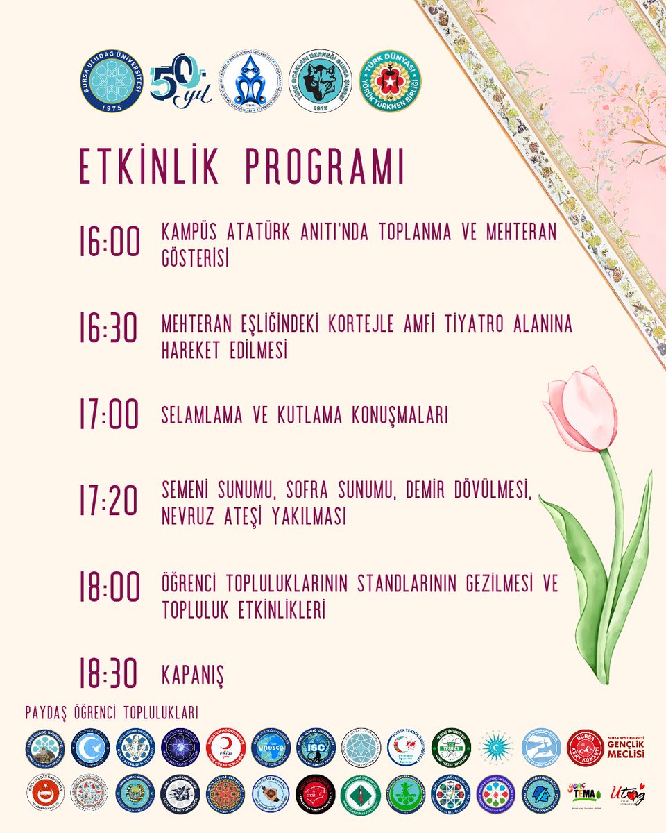 🌱TÜDAM'ın koordinatörlüğünde sivil toplum kuruluşları ve öğrenci topluluklarımızın katkıları ile gerçekleştirilecek olan Türk Dünyası Nevruz Bayramı etkinliğimize davetlisiniz🤗

📅 Tarih: 21 MART 2025
📍 Yer: Kampüs Atatürk Anıtı ve Amfi Tiyatro 
⏰ Saat: 16.00-18.30