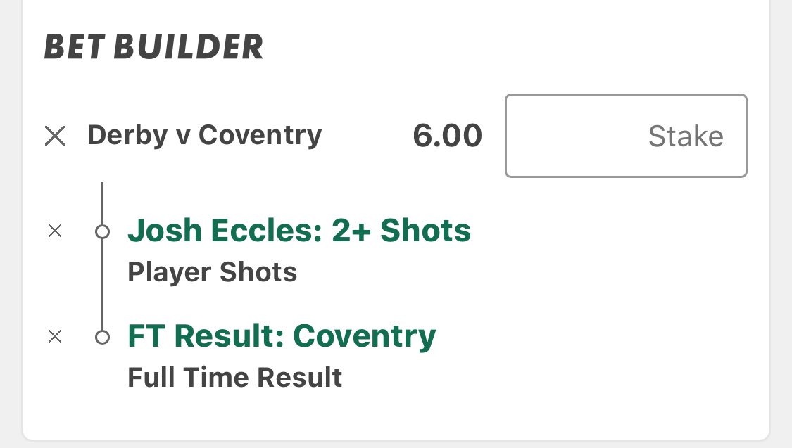 🏴󠁧󠁢󠁥󠁮󠁧󠁿 Derby vs Coventry

Josh Eccles 1+ Shot
Coventry Over 0 Goals

Stake 1.25u @ 1.80

Josh Eccles 2+ Shots
Coventry Win

Stake 0.25u @ 6.00

5.00 Min

Eccles Shots -
3,2,2,2,3,2,0,3,1,1

Coventry in fantastic form, can’t understand these prices. They have won 9 of their last 10