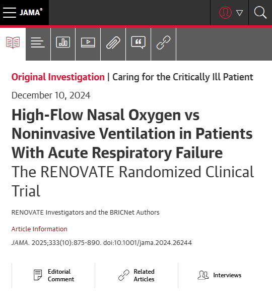 High-flow nasal oxygen was noninferior to noninvasive ventilation for rates of endotracheal intubation or death within 7 days in 4 of the 5 patient groups with acute respiratory failure. 

ja.ma/3QYoz0a