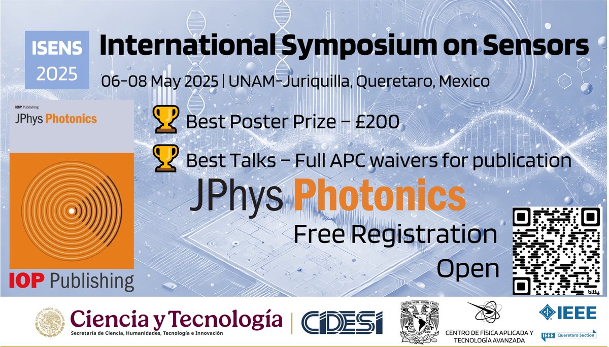 📢Call for Abstracts – ISENS 2025
Submit by Mar 28 for the free symposium in Queretaro, 🇲🇽, May 6-8! Join experts like <a href="/S_Cinti87/">Stefano cinti</a> <a href="/akyetisen/">Ali Yetisen</a>  &amp; win prizes: £200 Best Poster, APC waivers for JPhys: Photonics.
isens1.wixsite.com/international-…
#ISENS2025MX #Sensors