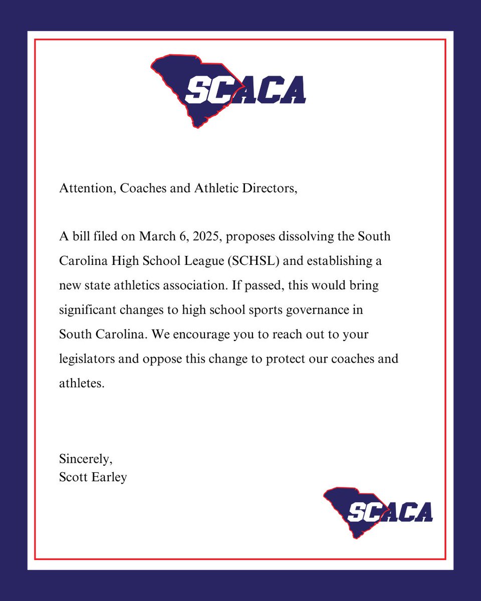 Urgent: A new bill proposes dissolving the South Carolina High School League, impacting high school sports in South Carolina. Contact your legislators and oppose this change!

<a href="/SCHSL/">SCHSL</a> #scsports #southcarolinasports #studentathletes #highschoolcoaches #coaches #highschoolsports