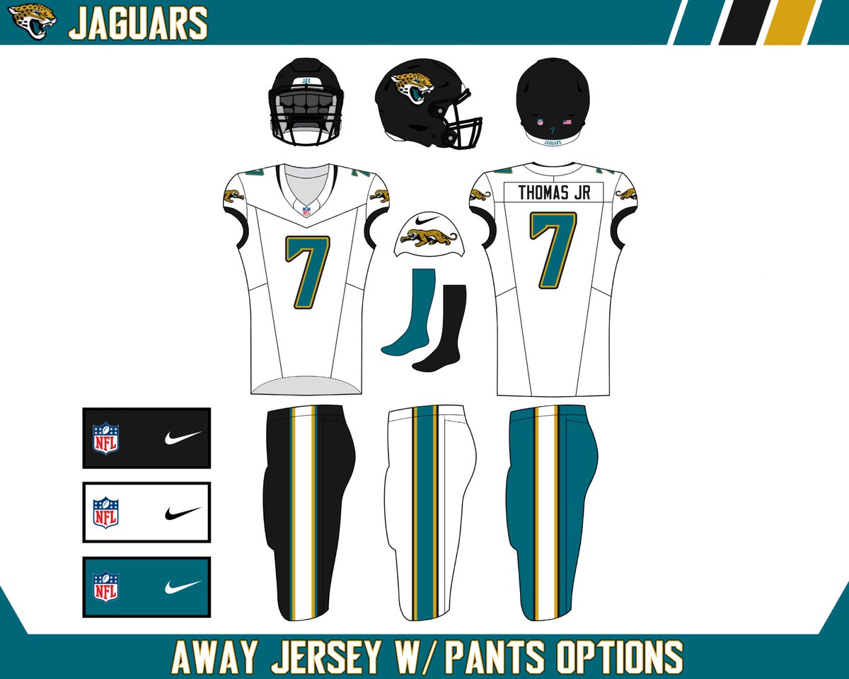 Electro8236's tweet image. The Jaguars have been due for a uniform update for some time now. I brought back the sleeve logo, along with the Blake Bortles Era Numbers. A new stripe is added to the pants for a more classic look, the collar design sticks around, and Gold is used throughout the uniform.