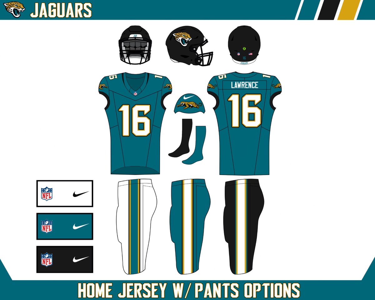 Electro8236's tweet image. The Jaguars have been due for a uniform update for some time now. I brought back the sleeve logo, along with the Blake Bortles Era Numbers. A new stripe is added to the pants for a more classic look, the collar design sticks around, and Gold is used throughout the uniform.