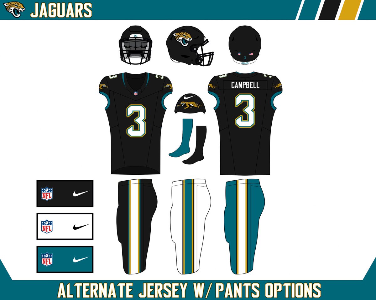 Electro8236's tweet image. The Jaguars have been due for a uniform update for some time now. I brought back the sleeve logo, along with the Blake Bortles Era Numbers. A new stripe is added to the pants for a more classic look, the collar design sticks around, and Gold is used throughout the uniform.