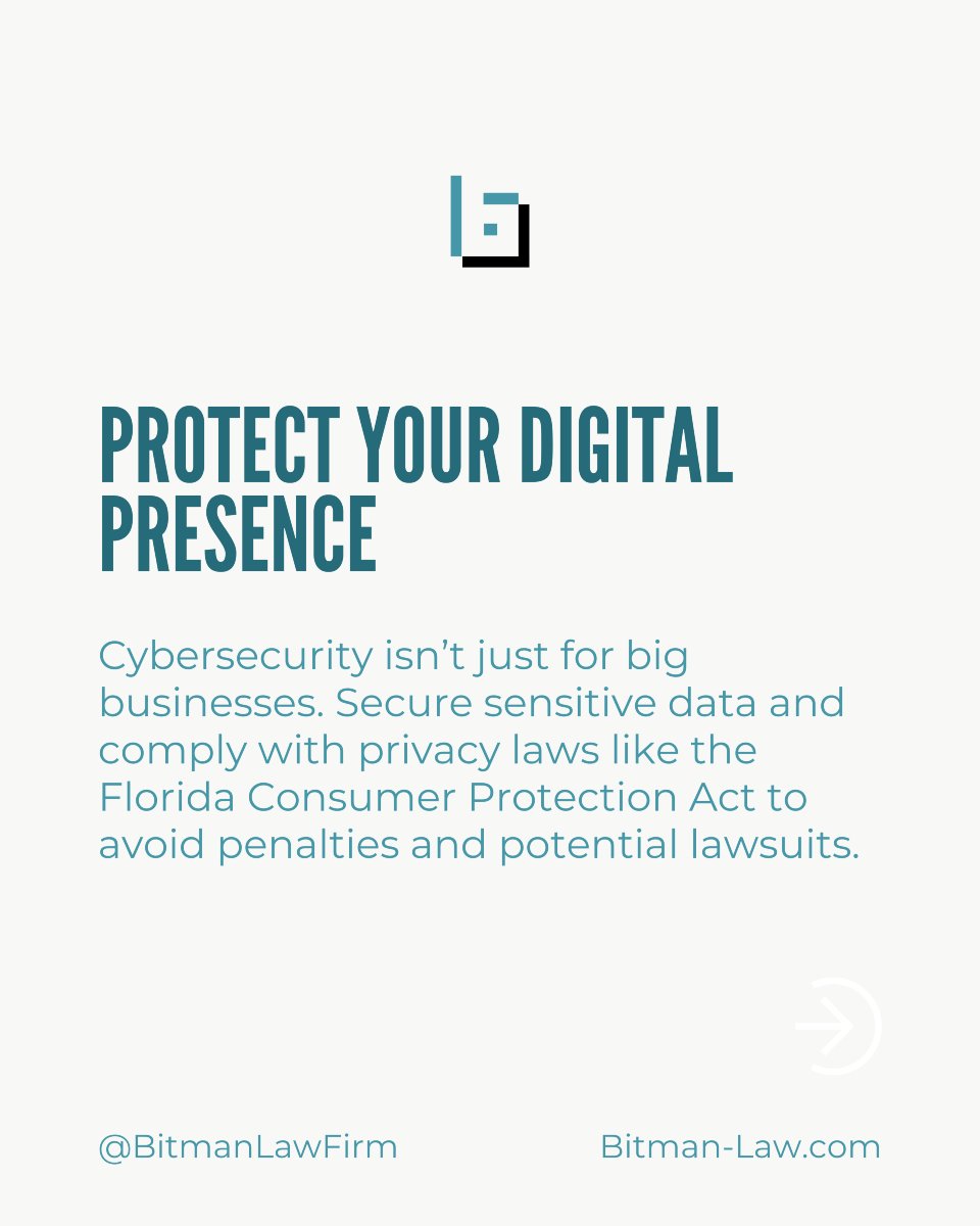 Bitmanlawfirm's tweet photo. 💻 How secure is your business? Swipe for essential tips to protect your data and comply with the law.

#BusinessLaw #LegalProtection #BitmanOBrien #ContractAdvice #Lawyers https://t.co/5sn7hhZFok