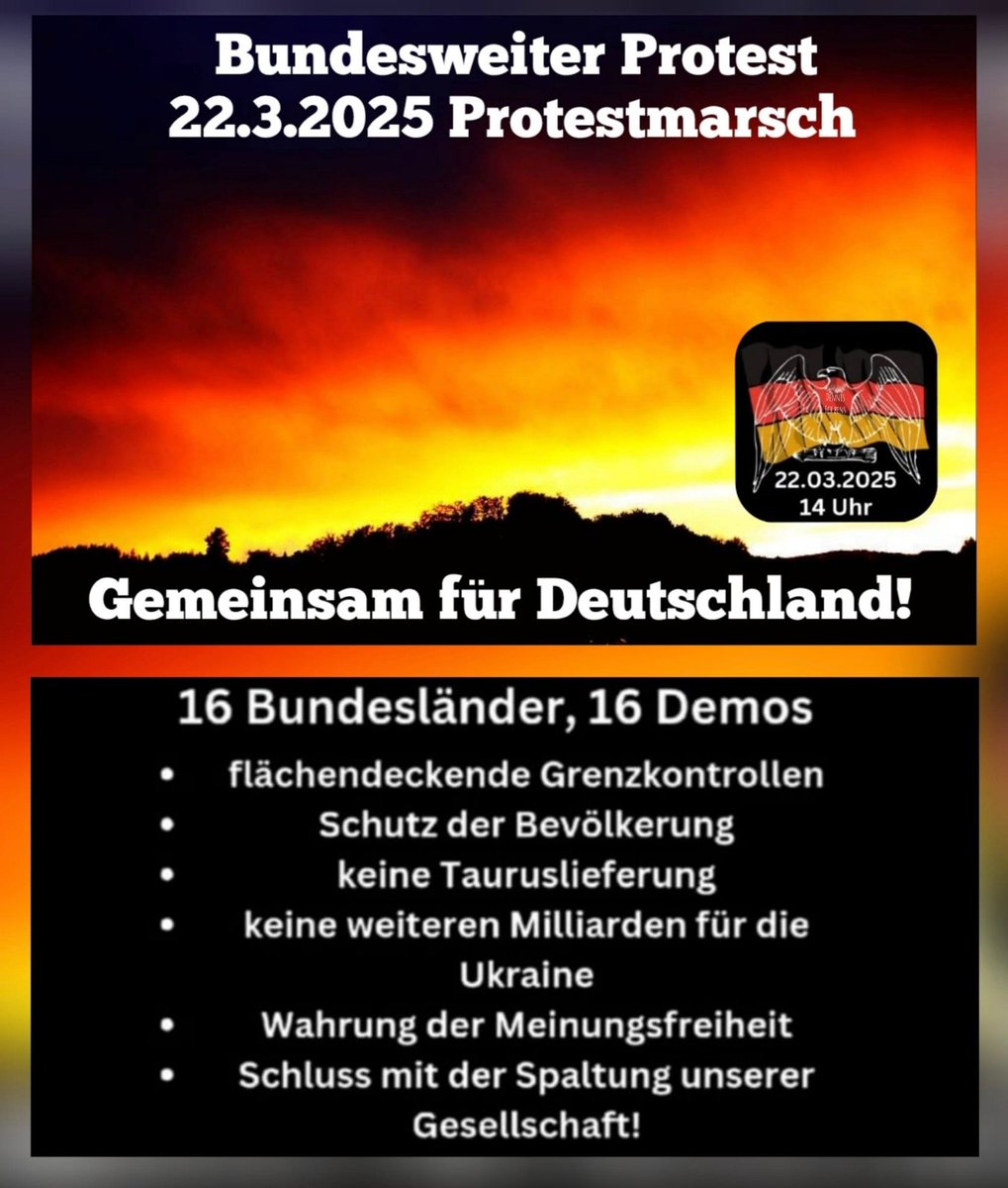 AndiWerner3's tweet image. 16 Bundesländer, 16 Demos.
Kommt alle zum Protestmarsch am 22.03.2025 
Facebook hat jetzt die Seite zum Protestmarsch gelöscht.
Hier ist die Homepage: grossdemos-deutschland.de  
Bitte fleißig Teilen! 😎🖖
