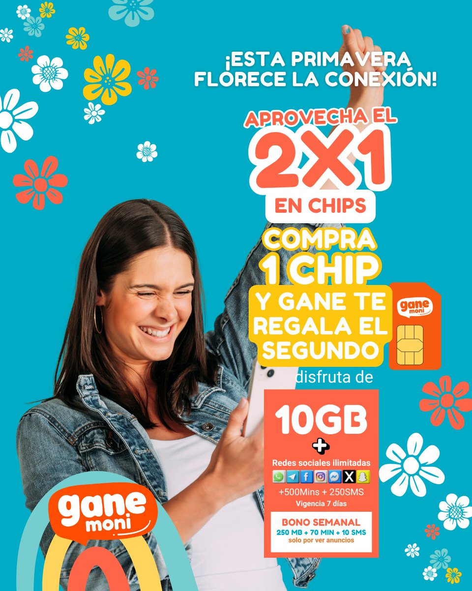 🌸✨ ¡Esta primavera tu conexión se multiplica! 🌿💚

🔥 2x1 en Chips 🔥 Llévate 2 por solo $150 y disfruta de:
✅ 10 GB + 500 Min + 250 SMS en cada chip (7 días de vigencia)
✅ Redes Sociales Ilimitadas 🌍📱
✅ BONO SEMANAL: 250 MB + 70 Min + 10 SMS solo por ver anuncios 🎯
