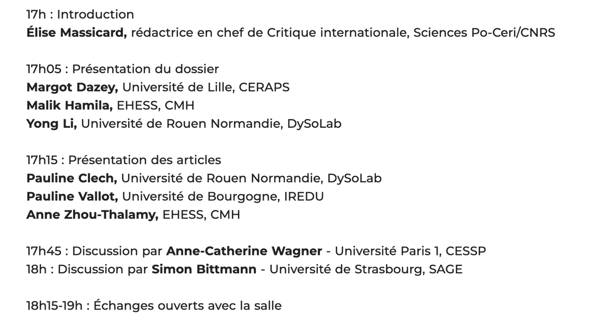 [#socioelites] Soirée de présentation du dossier "Élites minorisées" <a href="/CritiqueIntle/">Critique Internationale</a>
📅 mardi 25 mars, 17-19h
📍<a href="/sciencespo/">Sciences Po</a> (Salle H405, 28 rue des Saints-Pères)
🔗 sciencespo.fr/ceri-evenement…