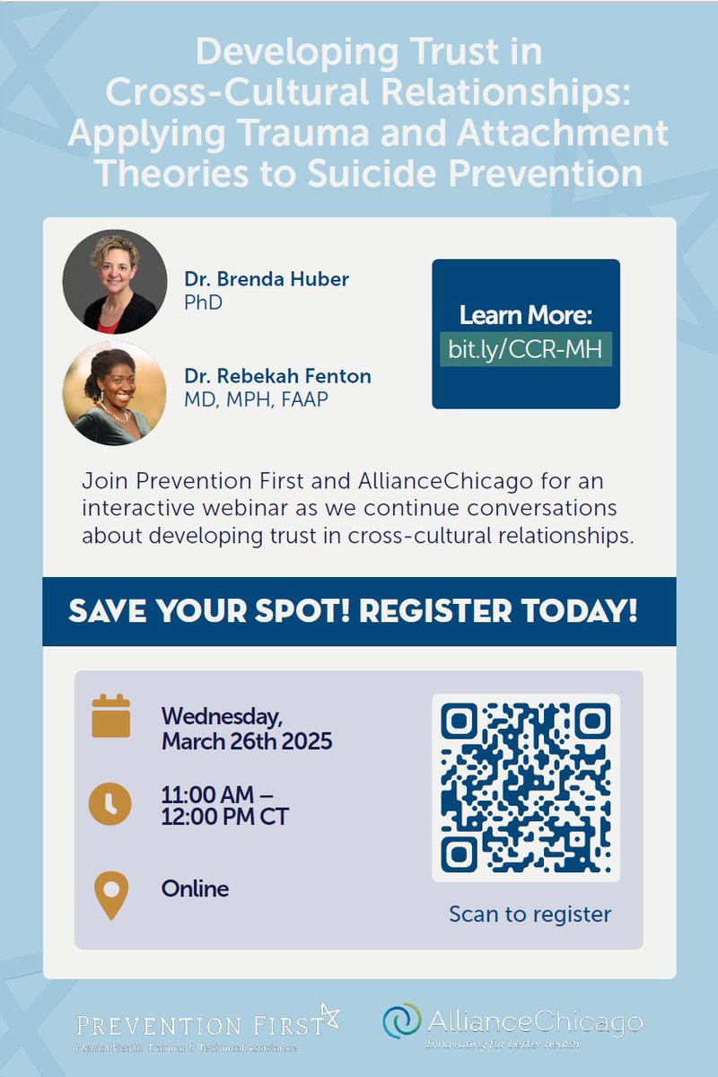 AllianceChicago (@alliancecchs) on Twitter photo Building trust in cross-cultural relationships is key to effective suicide prevention.
Join AllianceChicago & <a href="/drugfreeIL/">Prevention First</a> for a webinar exploring how trauma & attachment theories can be applied to foster stronger, more supportive relationships in diverse communities. Building trust in cross-cultural relationships is key to effective suicide prevention.
Join AllianceChicago & <a href="/drugfreeIL/">Prevention First</a> for a webinar exploring how trauma & attachment theories can be applied to foster stronger, more supportive relationships in diverse communities.