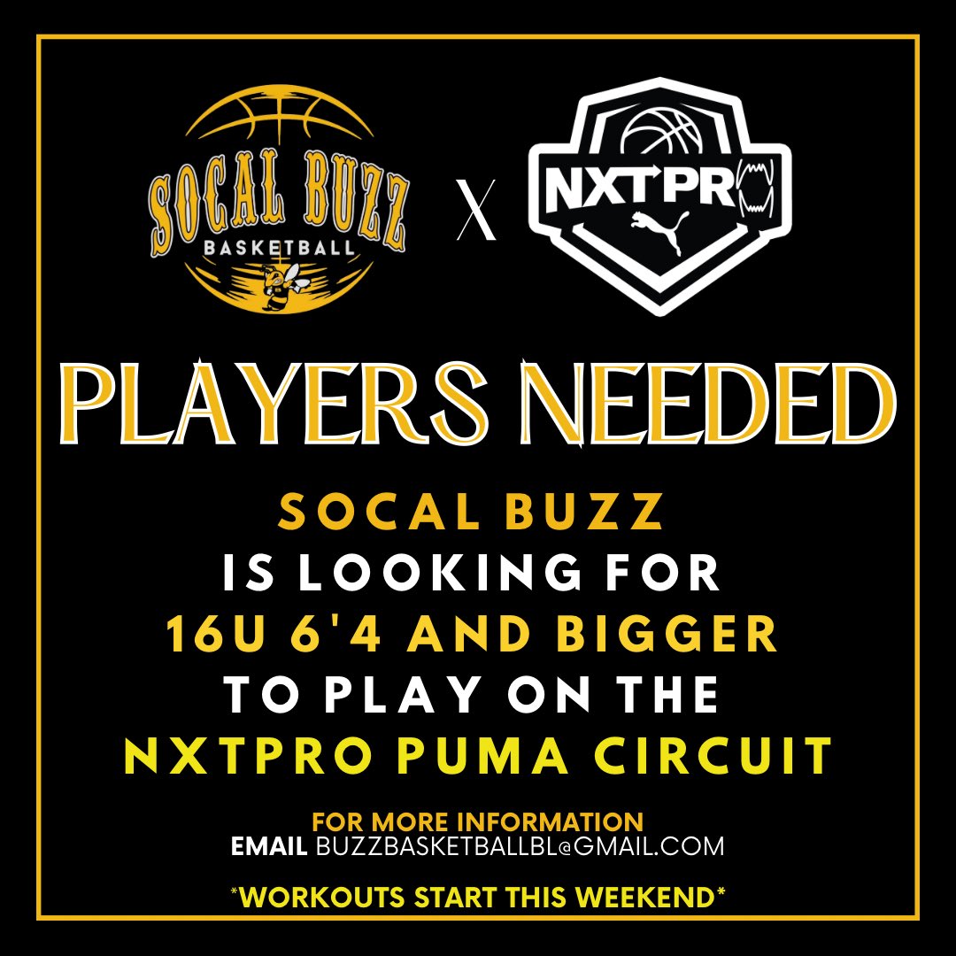 SoCal Buzz Basketball (Burrel Lee) (@burrellee3) on Twitter photo We are currently looking for 16 players 6โ4 and bigger for our <a href="/NxtProHoops/">NXTPRO Hoops</a> <a href="/PUMAHoops/">PUMA Basketball</a> SoCal Buzz Team. We start play in two weeks. Contact us via email buzzbasketballBL@gmail.com and we will contact you with tryout info. We are currently looking for 16 players 6โ4 and bigger for our <a href="/NxtProHoops/">NXTPRO Hoops</a> <a href="/PUMAHoops/">PUMA Basketball</a> SoCal Buzz Team. We start play in two weeks. Contact us via email buzzbasketballBL@gmail.com and we will contact you with tryout info.