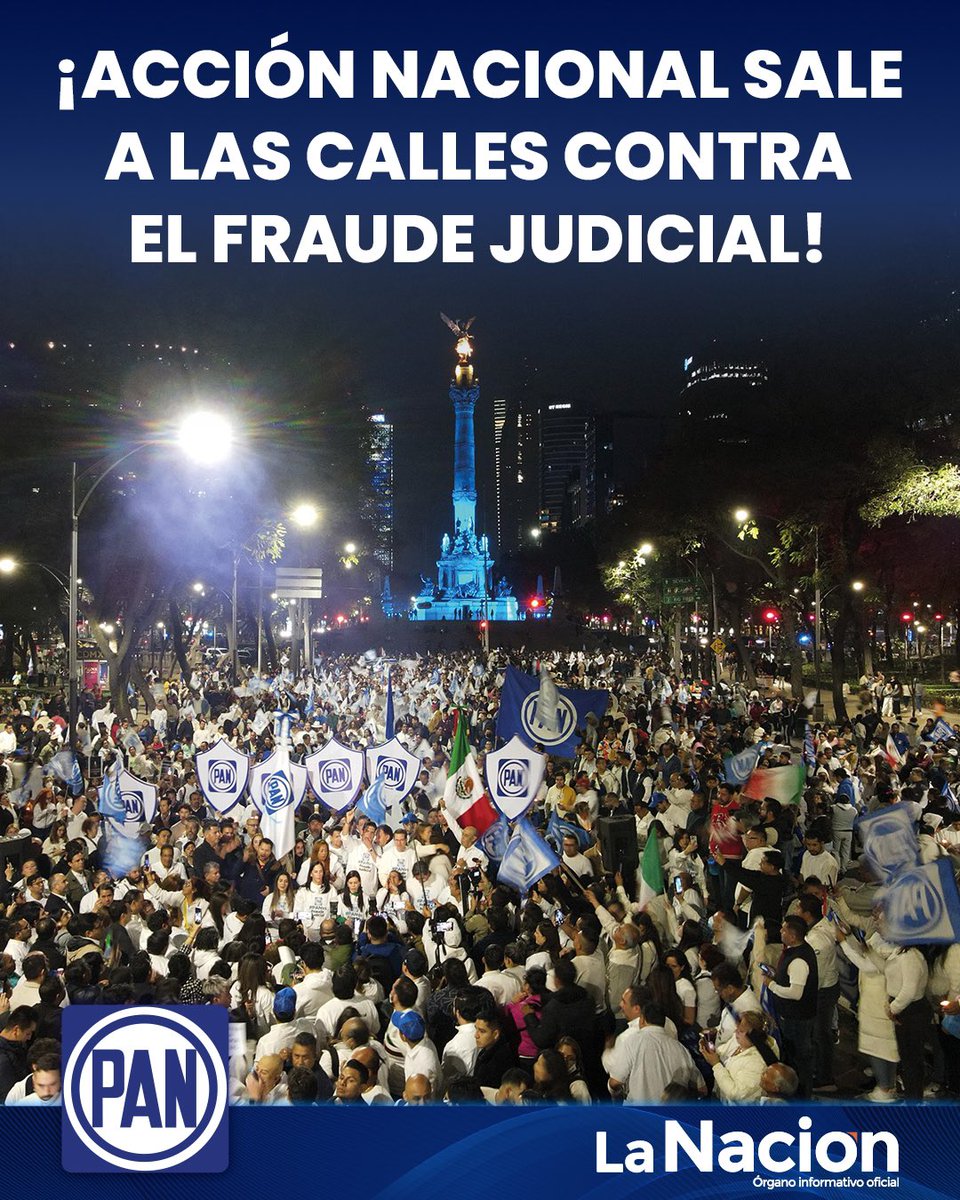 📢 ¡Seguiremos manifestándonos pacíficamente en contra del #FraudeJudicial que opera el régimen! 

Las y los panistas alzamos la voz en el Ángel de la Independencia y en todo el país rechazando la “elección” del Poder Judicial. ⚖️🇲🇽

#PANvsFraudeJudicial ➡