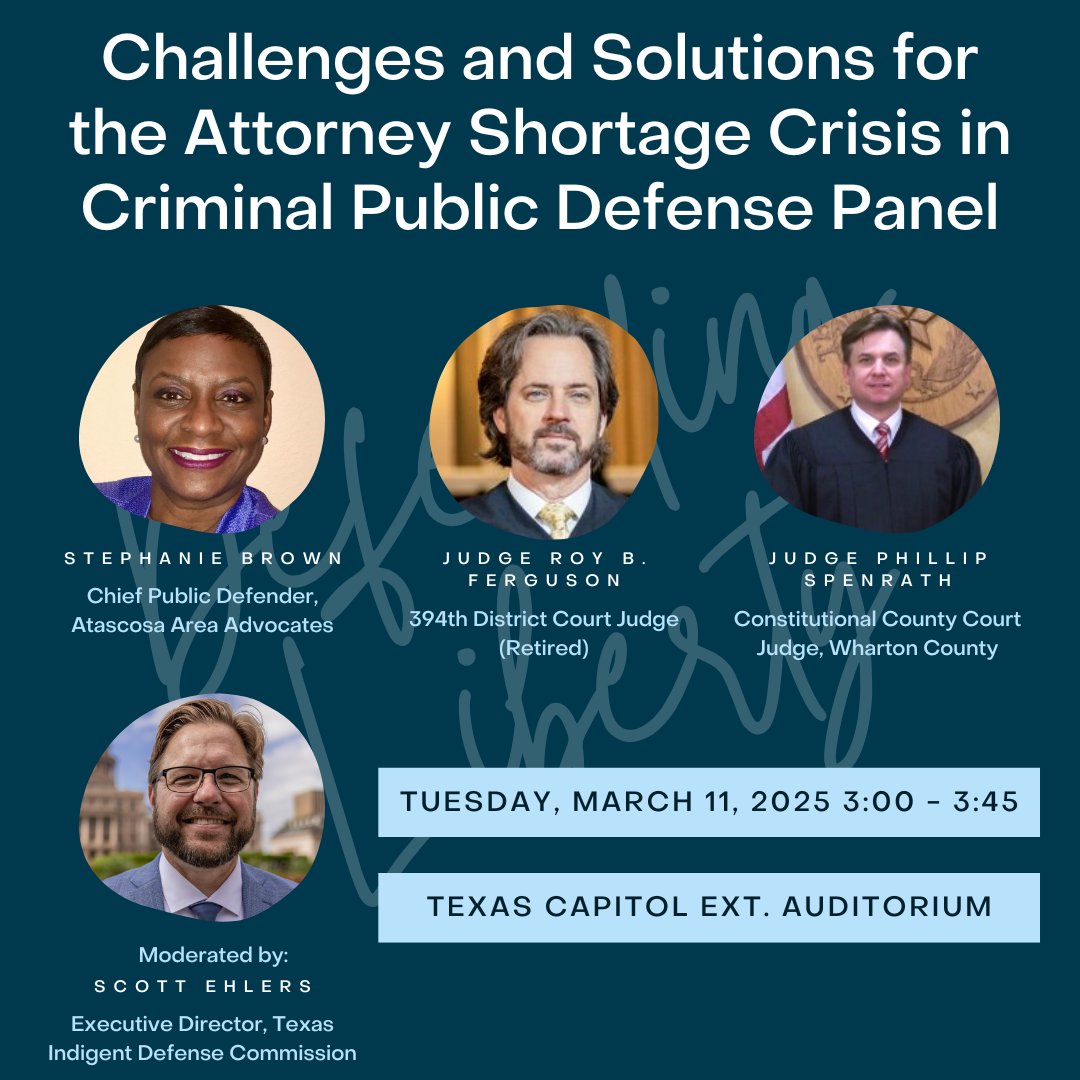 This next panel will discuss the severe attorney shortages and other challenges counties are facing in providing constitutionally required counsel in criminal cases, as well as proven solutions, especially in rural Texas.

Watch here: tinyurl.com/yc4xn8z9