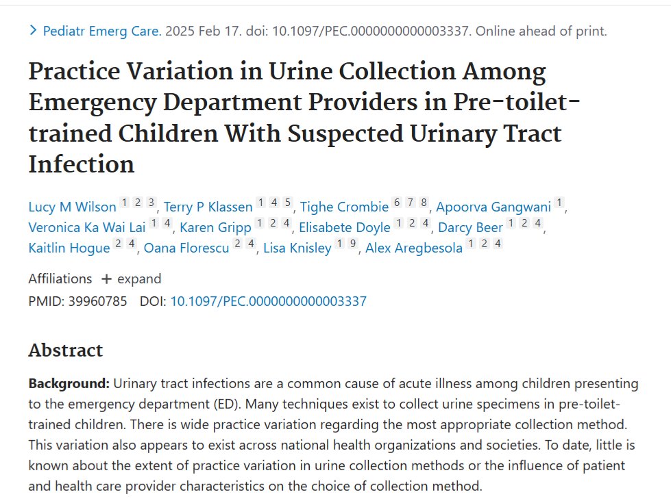 REACH_CHRIM's tweet photo. 📢 New Publication Alert!
We are excited to share our latest research:
Practice Variation in Urine Collection Among Emergency Department Providers in Pre-toilet-trained Children With Suspected Urinary Tract Infection.
Pediatric Emergency Care, 10.1097/PEC.0000000000003337. https://t.co/t8uuYouk3I