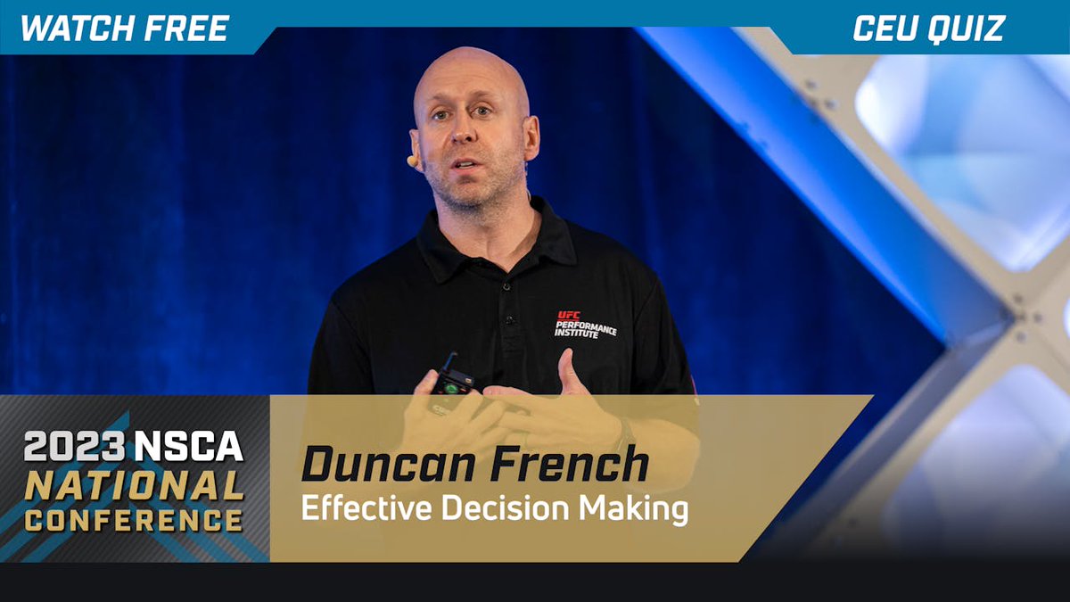 NSCA's tweet photo. Watch Free on #NSCATV: 35,000 daily decisions demand your attention.
@DuncanFrench cuts through the noise with elite @UFCPI frameworks to manage risk, recognize bias, & drive performance.
NSCA Members get this 0.2 CEU quiz FREE โ a $30 value!
WATCH NOW: https://t.co/wIIbUW1pPL https://t.co/I2muQn6IRV