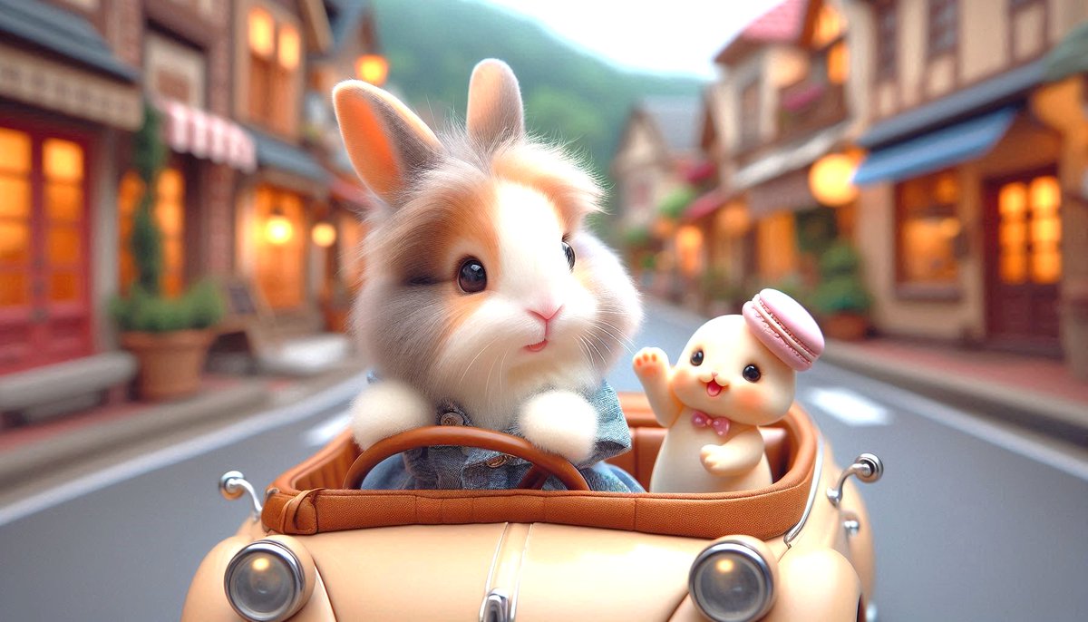 A quiet afternoon drive 🚘 cruising down the road at a relaxed pace. Feeling the gentle breeze ☕ 
and enjoying the changing seasons. 🌾

静かな道をゆっくり走る午後☕
やさしい風に吹かれながら 季節の変化を楽しもう。 🍂

#AI画像 #いやし #うさぎ #Aiart  #デジタルアート  #マカロン