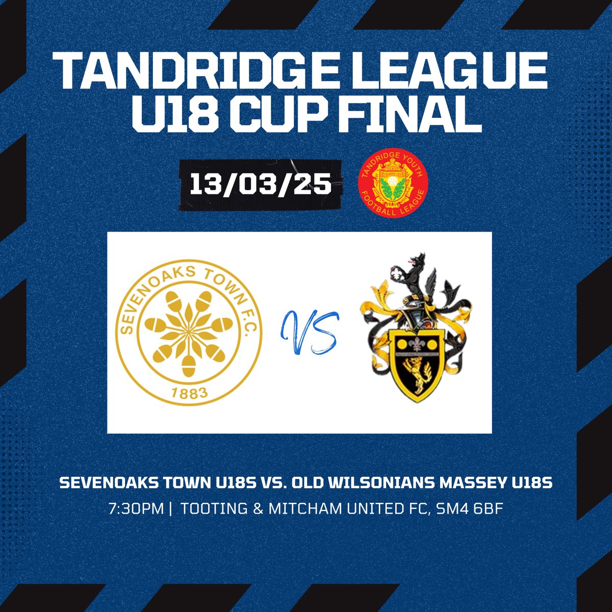 Our Sevenoaks Town U18s Tandridge League side are in Cup Final action this week! ⚽️

🗓️ Thursday 13th March
🆚 Old Wilsonians Massey U18s 
⌚️ 7:30pm
🏟 Tooting &amp; Mitcham United FC,  Imperial Fields, SM4 6BF
🏆 Tandridge League U18 Cup Final

Come and show your support for the