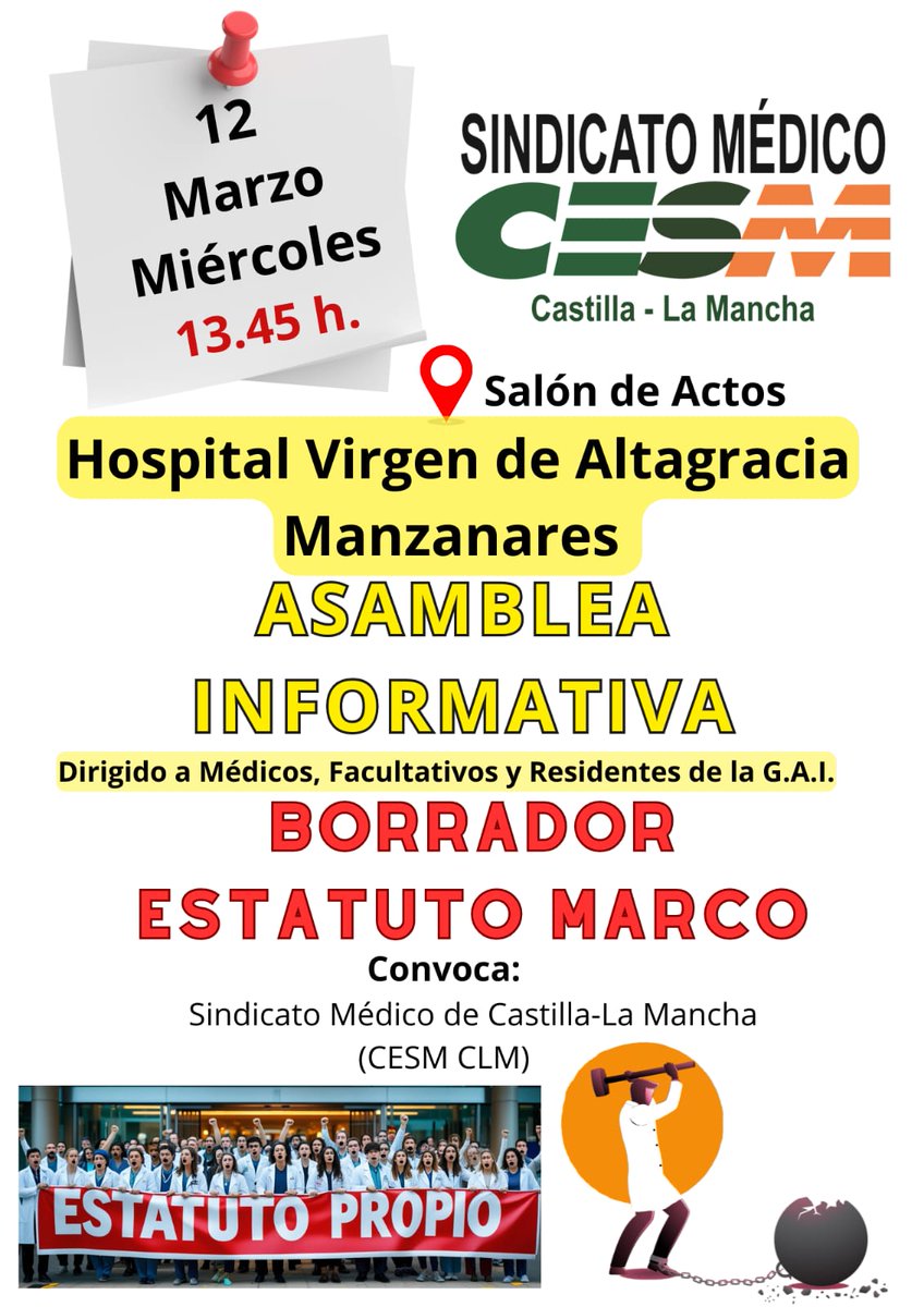 Mañana toca
❗Asamblea Informativa martes  12 de Marzo❗
✅ En el Hospital de Manzanares #CLM
*️⃣ Asunto
 Borrador #EstatutoMarco
🌀 Convoca: <a href="/cesmclm/">Sindicato Médico CESM Castilla La Mancha</a> 
🅰️hora o Nunca
🆘 Estatuto para #Médicos y #Facultativos 🩺🥼
<a href="/cesm_sindicatos/">CESM</a> <a href="/smandaluz/">Sindicato Médico Andaluz</a>
@CGCOM_Esp <a href="/ColegioMedCReal/">Colegio Médicos CR</a>
#Ciudadreal