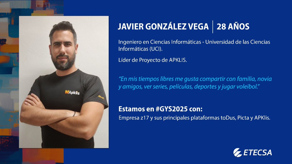 📡Presente en la Cumbre Mundial 🌏de la Juventud, convocada por la <a href="/ITU/">Int’l Telecommunication Union</a>, la Empresa Z17 S.A. Representada esta vez por el Ing. Javier González Vega, líder del proyecto <a href="/APKlis_Cu/">APKlis</a>  #Cuba #TransformaciónDigital <a href="/ETECSA_Cuba/">ETECSA</a> #GYS2025 <a href="/taniavel76/">Tania Velazquez</a>