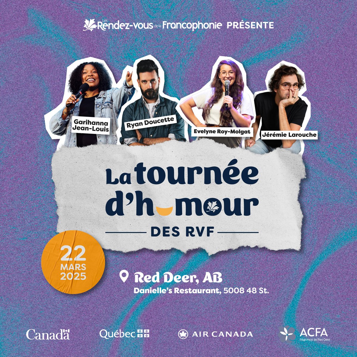 😂 Soirée Comedy à Danielle's Restaurant! 🍴🎤 4 humoristes, rires garantis, le 22 mars 2025, 20h-21h30 à Red Deer! Réservez vos billets ici: eventbrite.ca/e/la-tournee-d…  🎟️ Venez rire avec nous! 😄 #Comédie #Rires #RedDeer #BilletsDisponibles