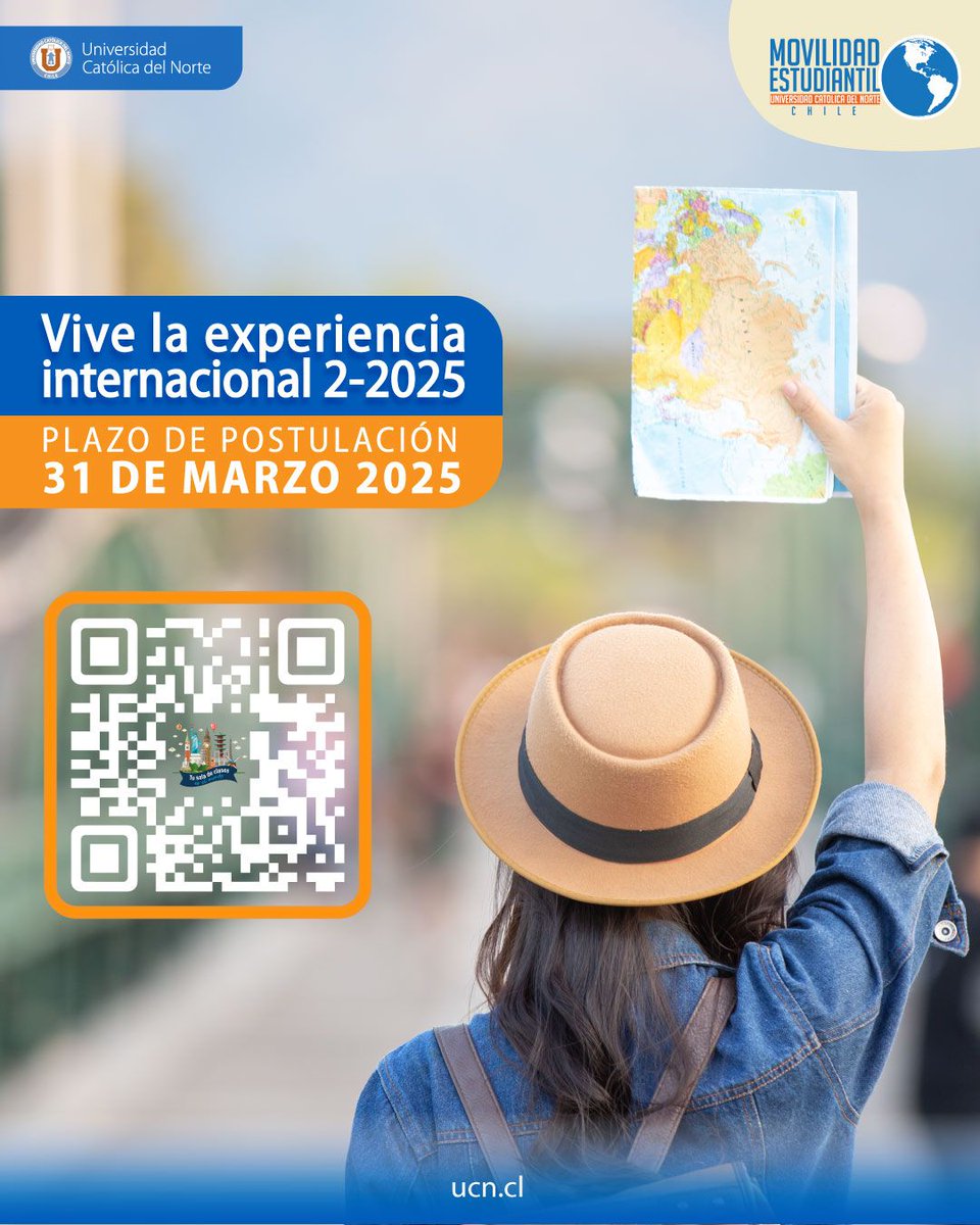 🌐Viaja, aprende y descubre nuevas culturas mientras estudias.🌟Expande tus horizontes académicos y personales. 📚 Mejora tu currículum con una experiencia global.

🔗 Para más información, escanea el código QR o visita nuestra web movilidadsaliente.ucn.cl.