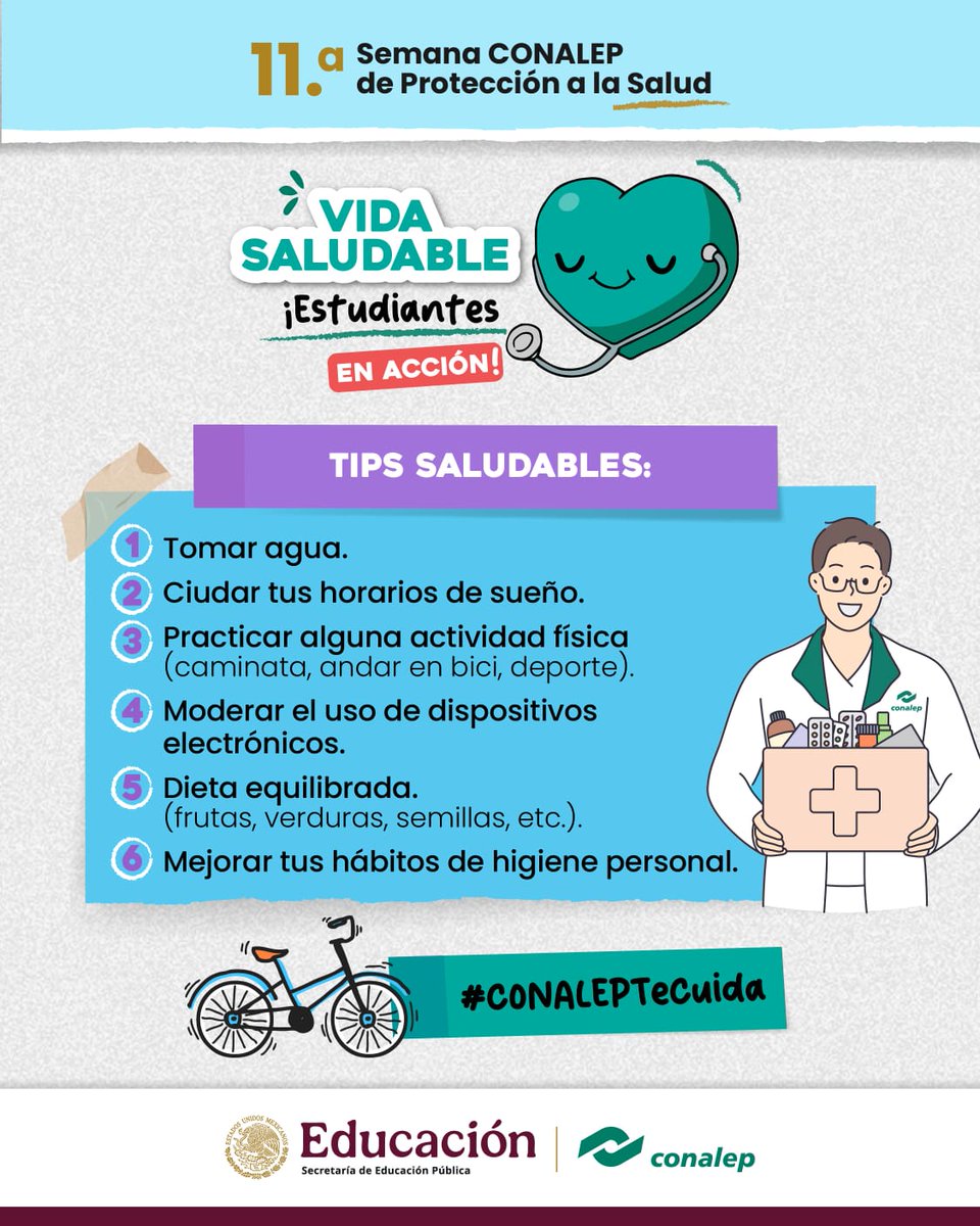 Estamos celebrando la 11a Semana de Protección a la Salud ¡Estudiantes EN ACCIÓN! 🚀
📌 Tips para sumarte a este reto:
💧 ¡Hidrátate! Toma agua todos los días.  
😴 Cuida tus horarios de sueño para recargar energía.  
🚴♀ Actívate con caminatas, deportes o paseos en bici.