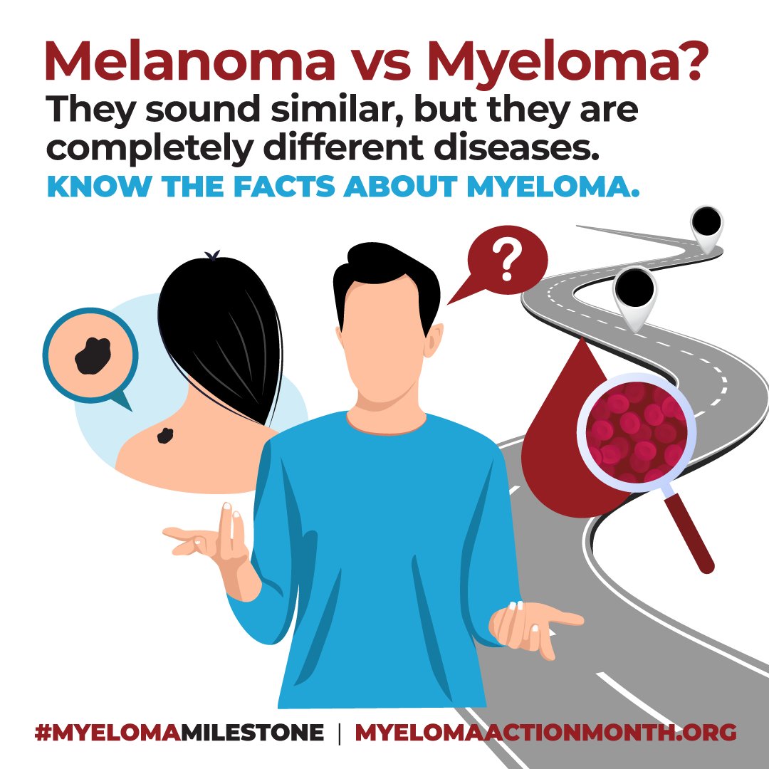 What’s the Difference? 🧐
Though their names sound similar, myeloma and melanoma are different types of cancer. 
🔹 Myeloma is a cancer of the plasma cells that affects the blood.
🔹 Melanoma is a cancer of the melanocytes, the cells responsible for producing pigment in the skin.