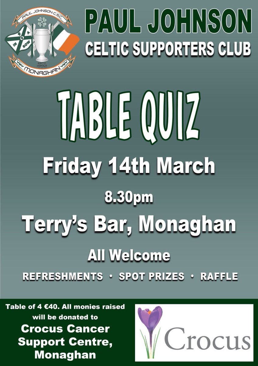 Reminder that our charity table quiz is taking place this Friday night in Terrys Bar. 

Come along and support a great cause for what promises to be a brilliant night 🍀