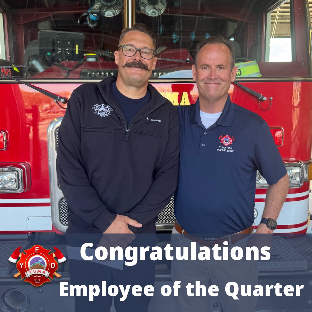 Congratulations FireFighter Paramedic Kellan Trammel on your recent recognition as Employee of the Quarter. Kellan is a 10 year veteran of the Yuma Fire Family. He is currently assigned to Yuma Engine 1 on C crew. 

#downtownboy