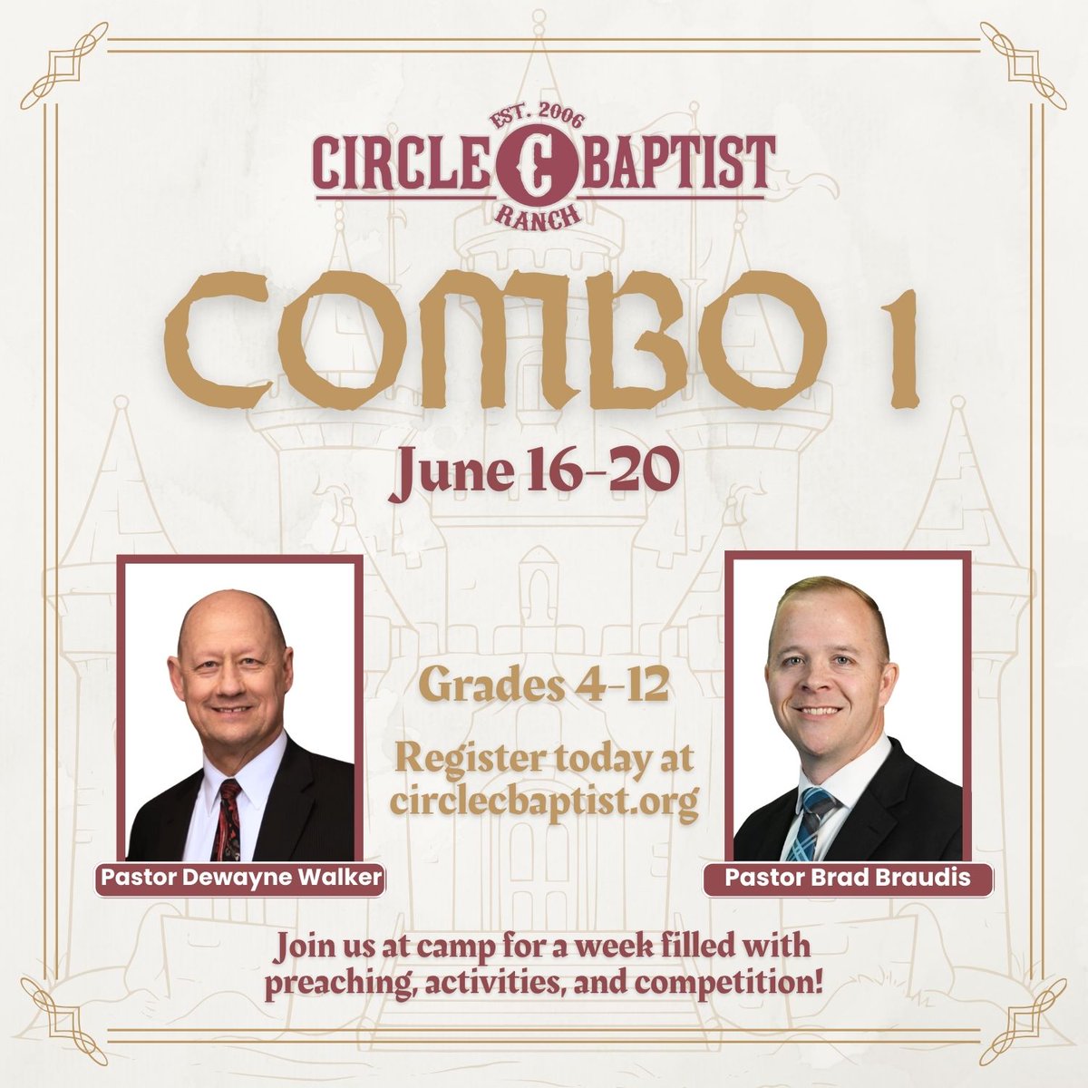 Combo I is already filling up, but there is still room for you to register today!
This week includes field activities, sports tournaments, chapel competition, delicious meals, and more!
Register at circlecbaptist.org/DISCOVER
<a href="/drjefffugate/">Pastor Jeff Fugate</a> <a href="/JamesTienhaara/">James Tienhaara</a> <a href="/CalebYo38194949/">Caleb Young</a>