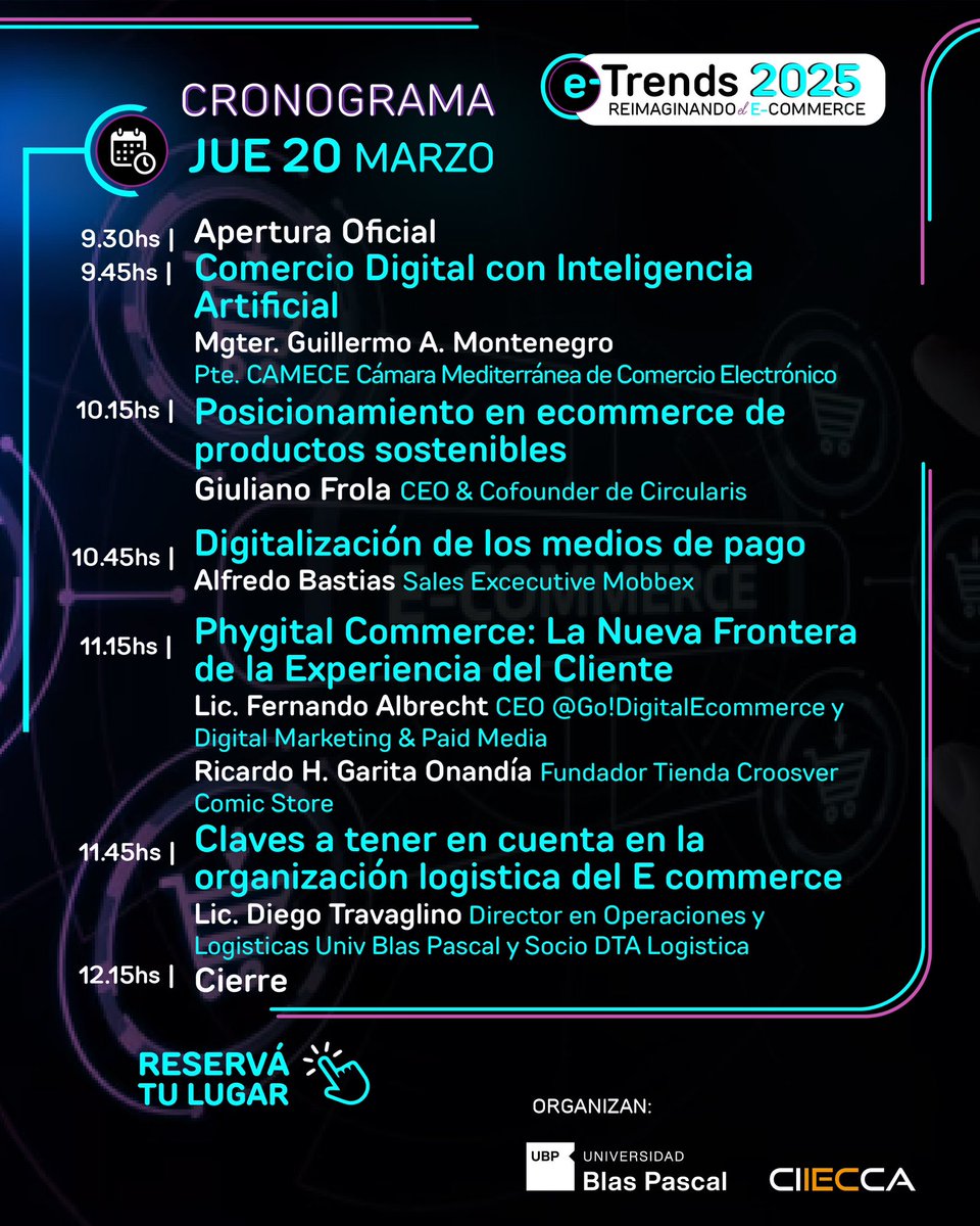 🚀 E-Trends 2025: Reimaginando el E-Commerce 🚀

📢 Jornada gratuita con las últimas tendencias en comercio digital. 5 conferencias clave para potenciar tu negocio.

📅 20/03 | 📍 UBP | 💻 Presencial o streaming | 🆓 Gratis

📌 Inscribite 👉 forms.gle/7jQX4SjwxiEPju…

#ETrends2025