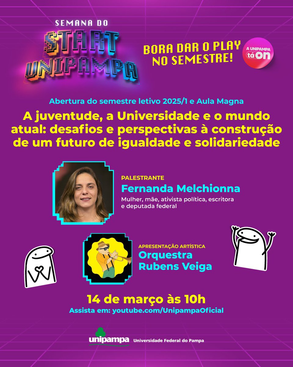 EM INSTANTES! ▶

Abertura do Semestre Letivo 2025/1 e a Aula Magna

✅ Com Fernanda Melchionna
🎺 E apresentação da Orquestra Rubens Veiga

🗓 14/03, às 10h

📌 No Auditório do Campus Bagé com transmissão ao vivo em: youtube.com/watch?v=D7OEsf…