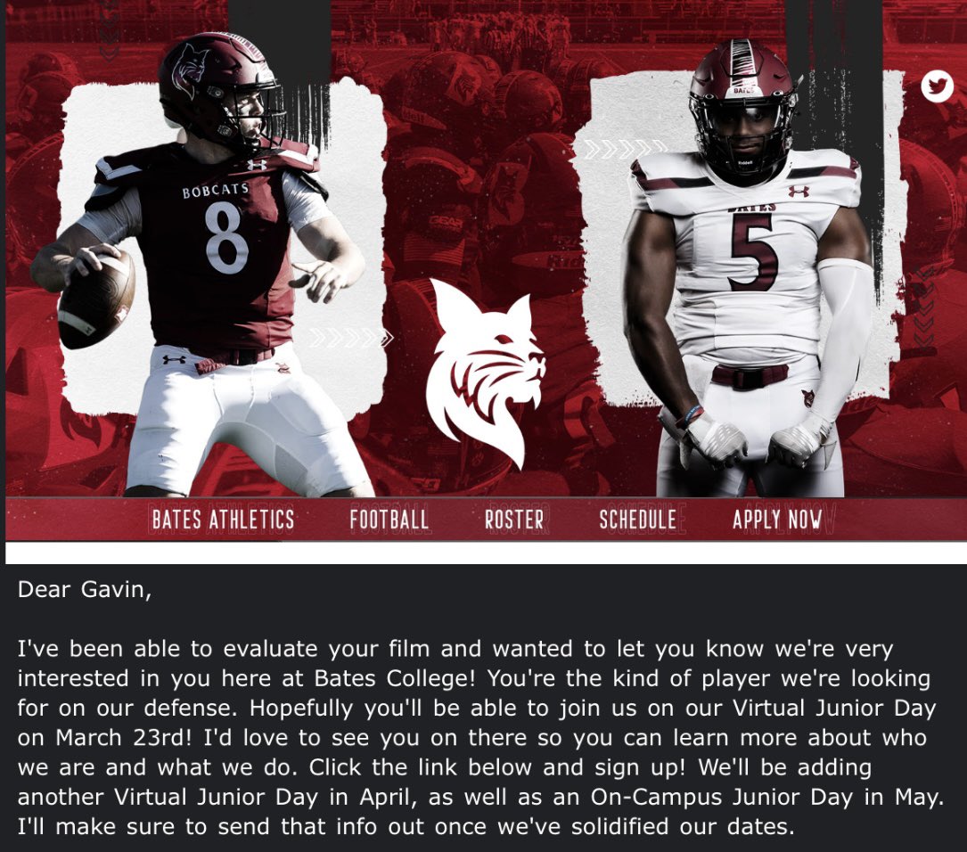 Gavin Butterfield (@gavinbutte66183) on Twitter photo Thank you to <a href="/coachwehrhahn/">Matt Wehrhahn</a> for the invite to <a href="/Bates_Football/">Bates Football</a> virtual junior day.
<a href="/CoachA_Jr/">Coach Mark Allen</a> <a href="/Gonk_Football/">Algonquin Titan Football</a> Thank you to <a href="/coachwehrhahn/">Matt Wehrhahn</a> for the invite to <a href="/Bates_Football/">Bates Football</a> virtual junior day.
<a href="/CoachA_Jr/">Coach Mark Allen</a> <a href="/Gonk_Football/">Algonquin Titan Football</a>