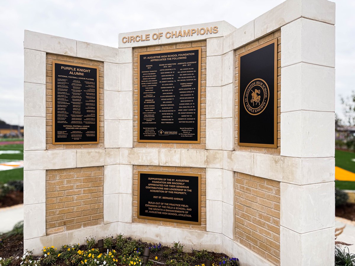 SynergyDG's tweet photo. St. Augustine High School in #NewOrleans was looking to honor alumni and donors as they transformed newly acquired land into a football field. They required durable, high-quality plaques that would showcase school pride and preserve names for future generations. 💜⚔️

Thanks to the connection at The Jae Impact, Synergy was able to step in and help! We crafted custom aluminum plaques with raised lettering and a brushed metal finish, and we were also able to incorporate the school seal into the design.

Each side of the monument highlights the St. Augustine’s Circles of Champions - recognizing donors, Purple Knight Leadership, and those who worked to make the project vision possible.  We  also recognized Purple Knight Alumni who are affiliated with the NFL since 1964.  The result? A stunning tribute that left everyone thrilled! Thank you for your trust in Synergy Design Group @StAugnola