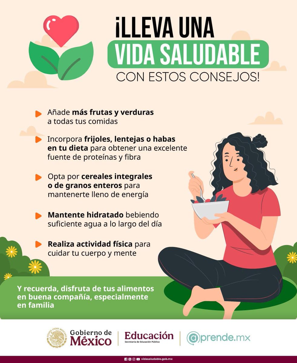 ¡Cada bocado cuenta! 🍽️

🥗 Añade más frutas y verduras a tus comidas.
💧 Mantente hidratado: El agua es tu mejor amiga para sentirte bien.
🏋️‍♀️ Actívate: Un cuerpo en movimiento es un cuerpo feliz.

Comparte estas actividades y #EligeLoSano para una #VidaSaludable