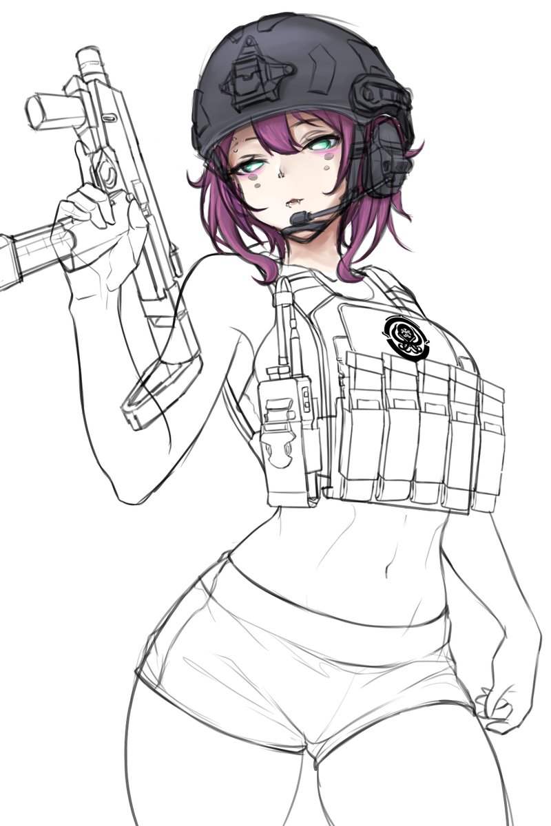 Just wanna put some color in so i can have a colored pfp lol.
 (still don't really know how to go through the whole coloring process cuz til now, I’ve only sketched and never actually completed any painting)
#anime #art #tactical #gun
