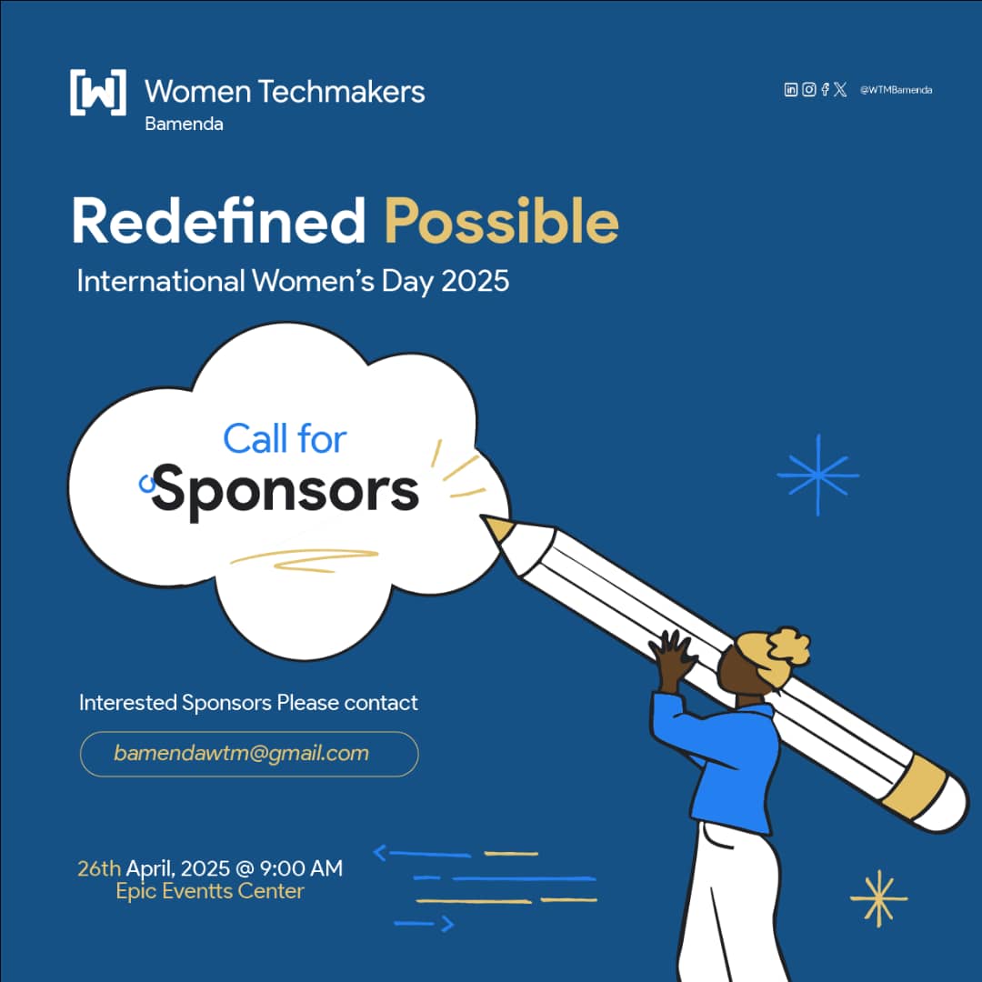 Call for Sponsors! 🗣️ 

Join WTM Bamenda in celebrating International Women's Day on April 26th..
Be part of the team that empowers women in tech &amp; inspires a new generation. 
Reach out to wtmbamenda@gmail.com to sponsor. 

RSVP: bit.ly/IWD2025-WTMBam…

#WTMRedefinePossible