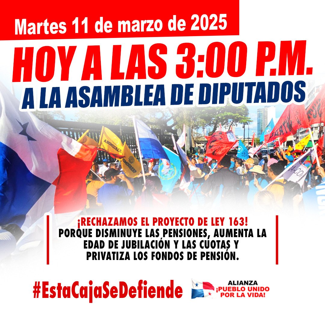 ClaridadPanama1's tweet photo. Ahora. Ahora. Ahora. Ahora.
Todos a la Asamblea, 3:00 pm
Se viene la lucha.
Respeto al pueblo.
Esta Caja no se vende.
Esta Caja se defiende.
#Chequea cómo vota tu diputado.
A tumbar la Ley del Robo. https://t.co/Oe8nL0Q1jx