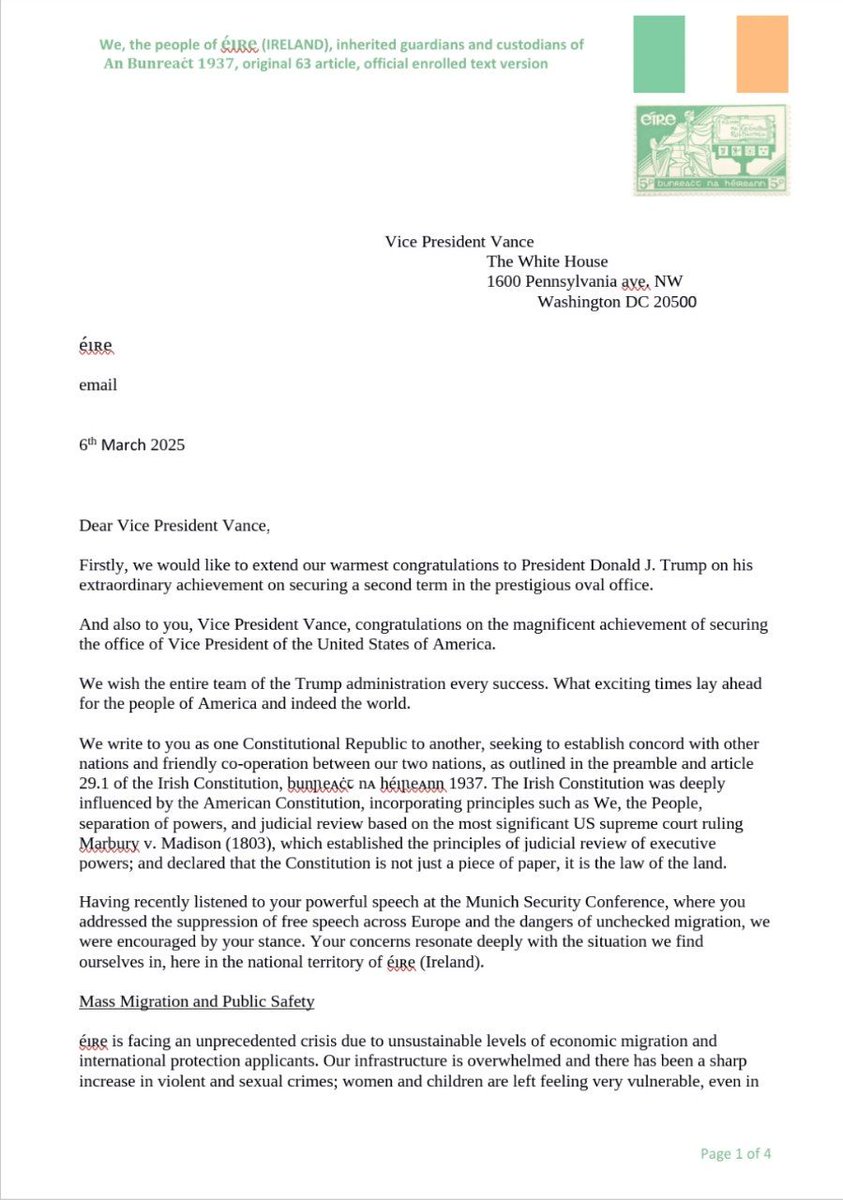 bunꞃeᴀċꞇ nᴀ héıꞃeᴀnn 1937 (@anthon68860mark) on Twitter photo Our open letter sent on 6th March 2025 to Vice-President JD. Vance in Washington DC on behalf of;
We, the people of éıʀe. 🇮🇪🇺🇸🇮🇪🇺🇸
<a href="/JDVance/">JD Vance</a> <a href="/JDVanceNewsX/">JD Vance News</a> <a href="/VP/">Vice President JD Vance</a> <a href="/realDonaldTrump/">Donald J. Trump</a> <a href="/elonmusk/">Elon Musk</a> <a href="/WhiteHouse/">The White House</a> #irishlaw #irishconstitution
#Irishheritage Our open letter sent on 6th March 2025 to Vice-President JD. Vance in Washington DC on behalf of;
We, the people of éıʀe. 🇮🇪🇺🇸🇮🇪🇺🇸
<a href="/JDVance/">JD Vance</a> <a href="/JDVanceNewsX/">JD Vance News</a> <a href="/VP/">Vice President JD Vance</a> <a href="/realDonaldTrump/">Donald J. Trump</a> <a href="/elonmusk/">Elon Musk</a> <a href="/WhiteHouse/">The White House</a> #irishlaw #irishconstitution
#Irishheritage