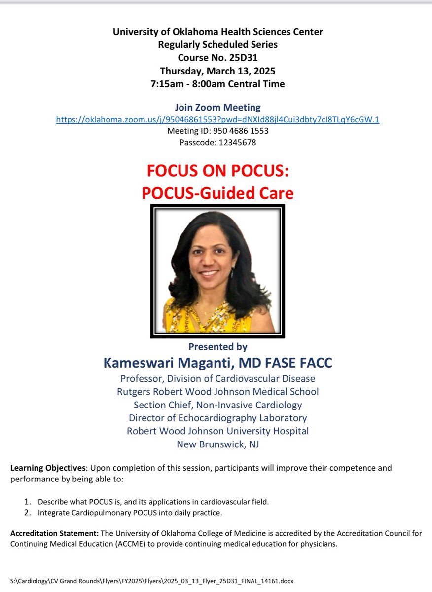 Chittur Sivaram (@casivaram1) on Twitter photo 💟 Delighted to welcome Dr. Kameswari Maganti from Rutgers to OU Virtual CV Grand Rounds on 3/13/2025
💟 Please join us to learn about the latest on POCUS-guided care
oklahoma.zoom.us/j/95046861553?…
<a href="/KamuMaganti/">Kamu Maganti, MD</a>
<a href="/OUCollegeofMed/">OU College of Medicine</a>
<a href="/EchoSoliman/">Hatem Soliman, FRCP, FEACVI, FASE, FHEA</a>
<a href="/DavidWienerMD/">David H. Wiener, MD</a>
<a href="/ppsengupta1/">Partho P Sengupta</a>
<a href="/docbfreed/">Ben Freed, MD</a> 💟 Delighted to welcome Dr. Kameswari Maganti from Rutgers to OU Virtual CV Grand Rounds on 3/13/2025
💟 Please join us to learn about the latest on POCUS-guided care
oklahoma.zoom.us/j/95046861553?…
<a href="/KamuMaganti/">Kamu Maganti, MD</a>
<a href="/OUCollegeofMed/">OU College of Medicine</a>
<a href="/EchoSoliman/">Hatem Soliman, FRCP, FEACVI, FASE, FHEA</a>
<a href="/DavidWienerMD/">David H. Wiener, MD</a>
<a href="/ppsengupta1/">Partho P Sengupta</a>
<a href="/docbfreed/">Ben Freed, MD</a>