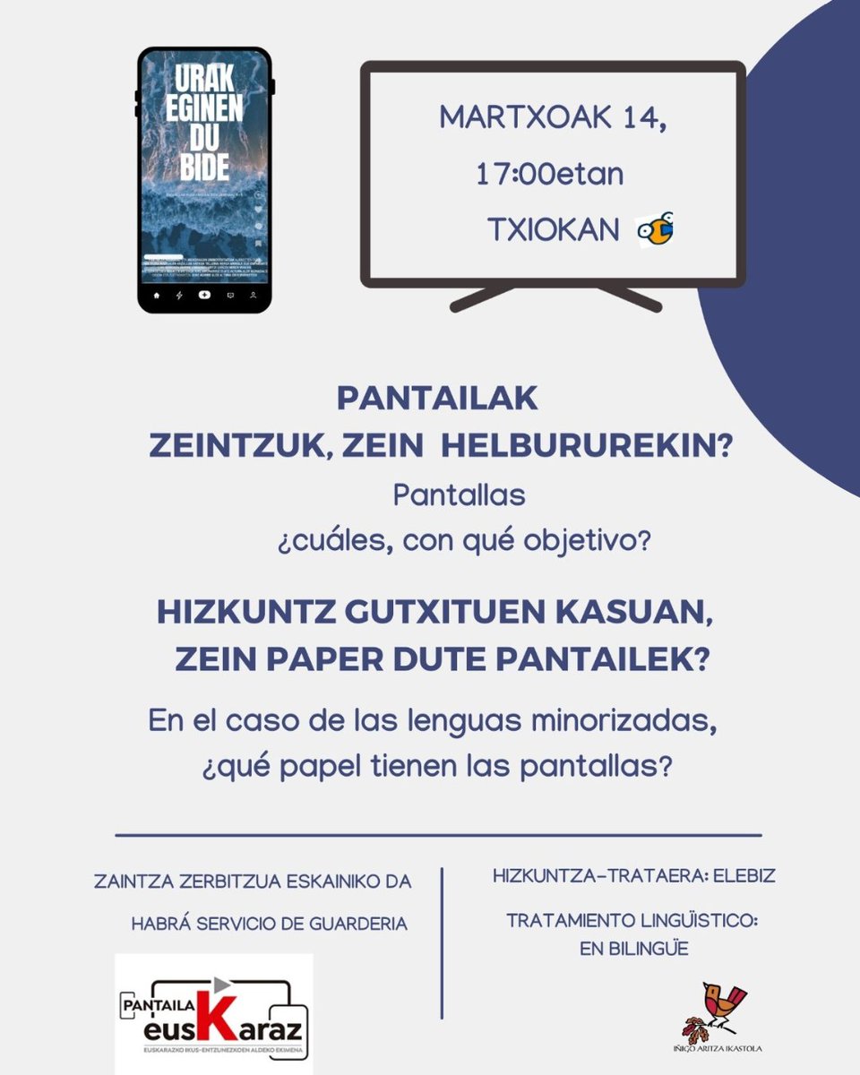 InigoAritzaIkas's tweet image. Zein paper jokatzen dute pantailek Euskaren kasuan? Zein ekarpen egiten diote hizkuntza eta kulturari?

"Pantailak euskaraz" taldearen eskutik hitzaldi bat antolatu dugu kezka partekatu honen inguruan.

📅 Martxoak, 14, ostirala
🕔 17:00
📍 Txioka

Anima zaitezte!