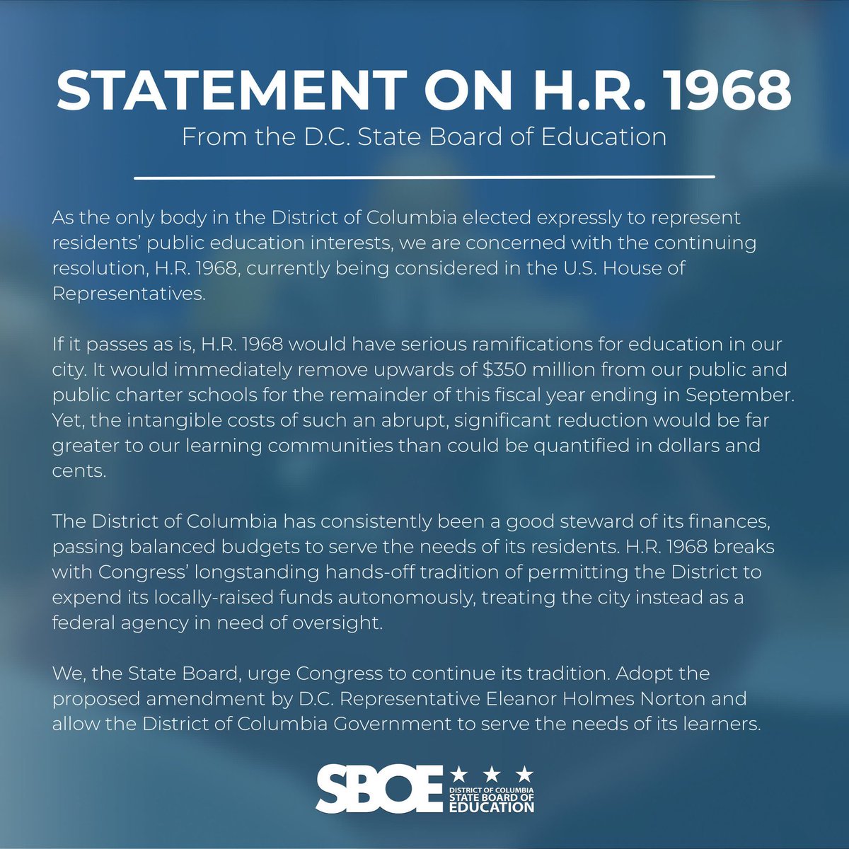DC_Edvocate's tweet image. The D.C. State Board of Education is concerned the continuing resolution currently before the U.S. House would have &quot;have serious ramifications for education in our city.&quot; Read the Board&apos;s full statement on H.R. 1968.
•••
#ContinuingResolution
 #HR1968
 #WashingtonDC