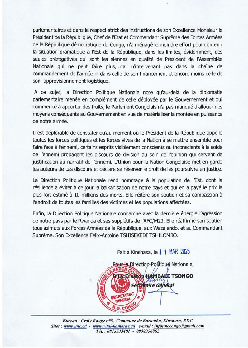 Déclaration de la direction Politique Nationale de l'UNC .